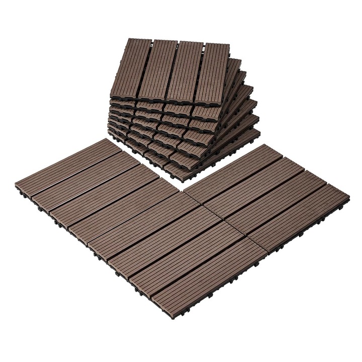 Set 10 Placi pentru Terasa Teno®, tip mozaic din lemn, durabile, prindere prin imbinare, PVC, 30 x 30 cm, gri rozaliu