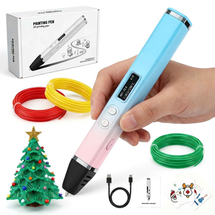 3D nyomtató toll, Aiorber, kerámiahegy, OLED képernyő, állítható hőmérséklet és sebesség, iskolai és otthoni használatra alkalmas, ergonomikus kialakítás, rózsaszín színátmenetes