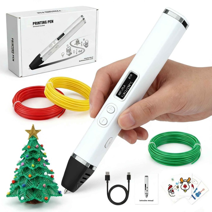 3D nyomtató toll, Aiorber, kerámiahegy, OLED kijelző, állítható hőmérséklet és sebesség, iskolai és otthoni használatra alkalmas, ergonomikus kialakítás, fehér