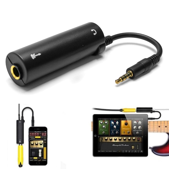 Gitár adapter, AFKSMILE, iPhone/iPod touch/iPad készülékhez, PVC, 3.5mm Jack apa és 6.3mm Jack anya csatlakozó, Fekete
