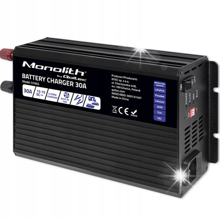 Intelligens akkumulátortöltő 30A 12V, Qoltec, kompatibilis LiFePO4, AGM, GEL, SLA, fekete, teljes készlet