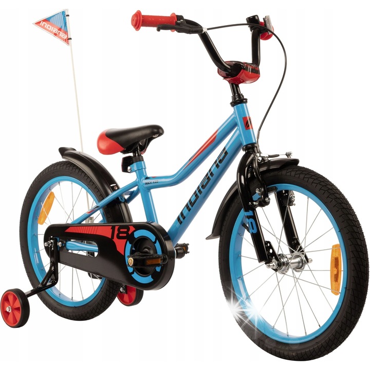 Детски велосипед Indiana Rock Kid 18", синьо-червен, 1 скорост, 9" рамка, със странични колела
