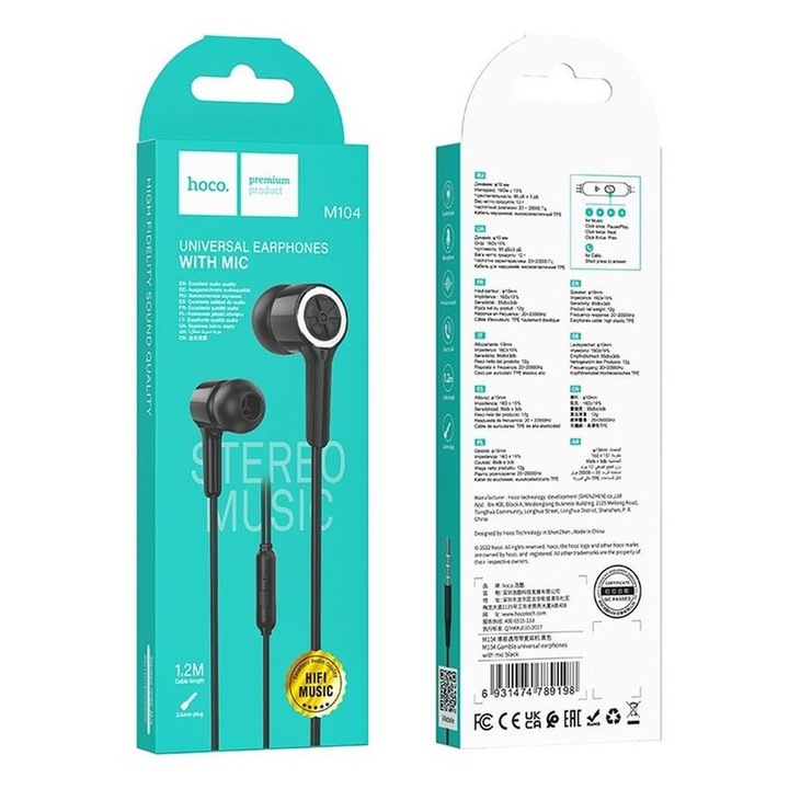 Casti cu fir Hoco M104, in-ear, 10mm, negru, 1.2m