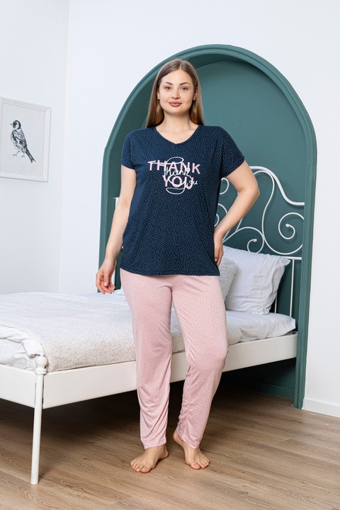 Pijamale dama, PijaMood, Plus Size, albastru inchis, bumbac