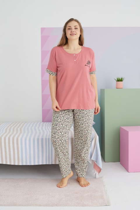 Pijama dama Sexen, Plus Size, Bumbac, Verde Oliv-Roz