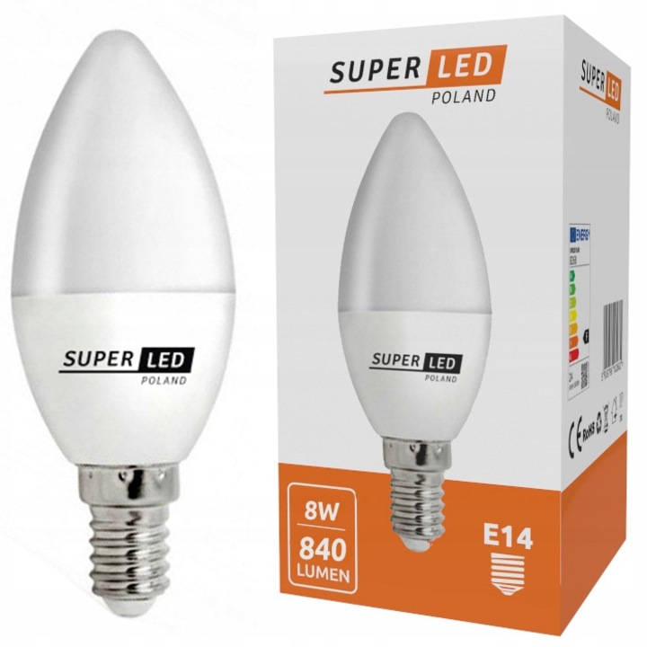 Bec LED E14 C37 SuperLED 8W, бял/млечен, 840lm, 6000K, 37x111mm