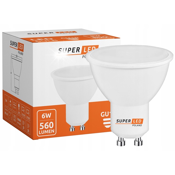 Bec LED GU10 6W SuperLED, бял/млечен, 560lm, 3000K, 50mm x 56mm