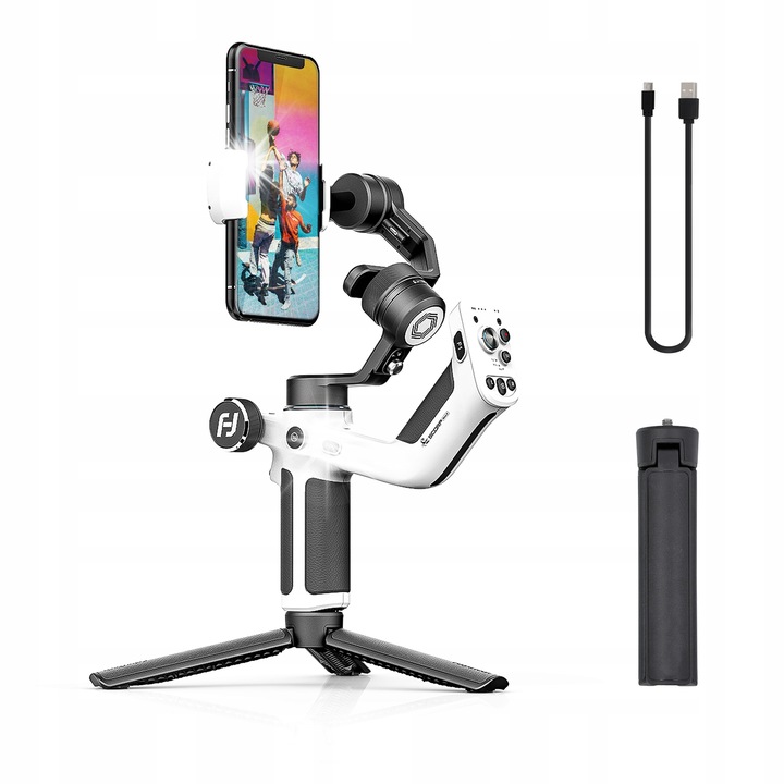 FeiyuTech Scorp mini okostelefon gimbal, fehér/fekete, 520g, 55x88mm, USB-C kábellel és mini állvánnyal