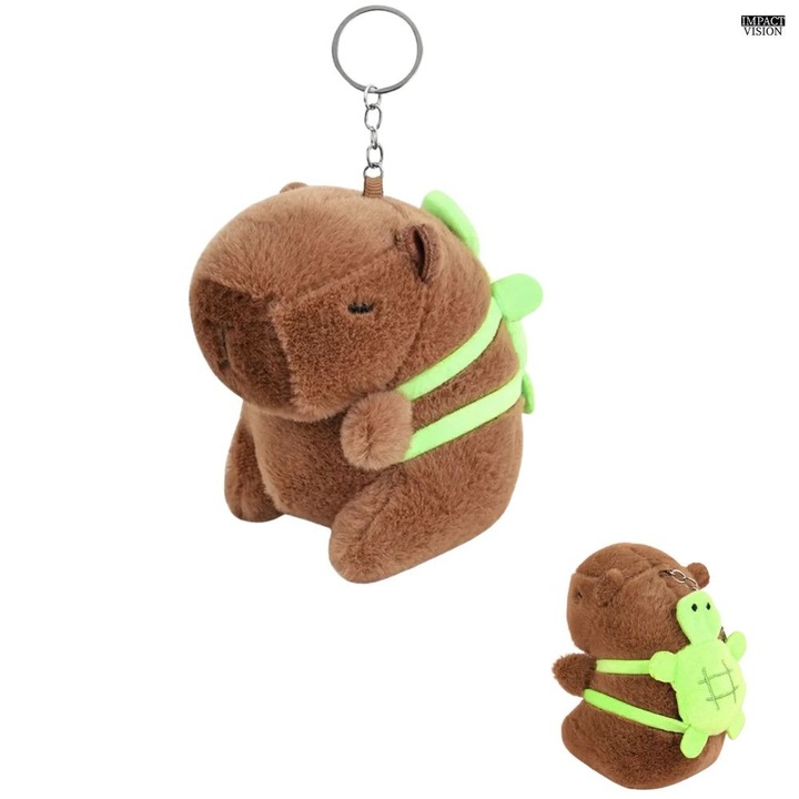 Breloc jucarie de plus capibara cu broasca testoasa, 12 cm, maro