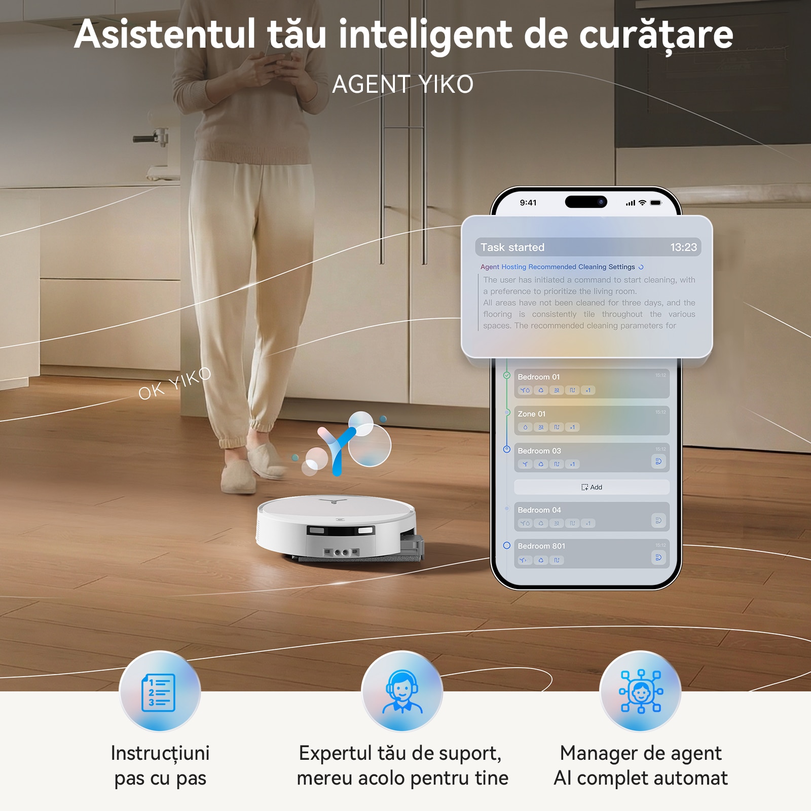 Aspirator Robot ECOVACS DEEBOT T90 OMNI, Statie All-in-one, 30000 Pa, 6400mAh, Autonomie 260 min, OZMO 3.0 Perie Autospalare+Uscare, Ridicare Mop Triple Lif, TruEdge 3.0, TruePass 4WD, apa calda 75°C, ZeroTangle 4.0, YIKO, Negru