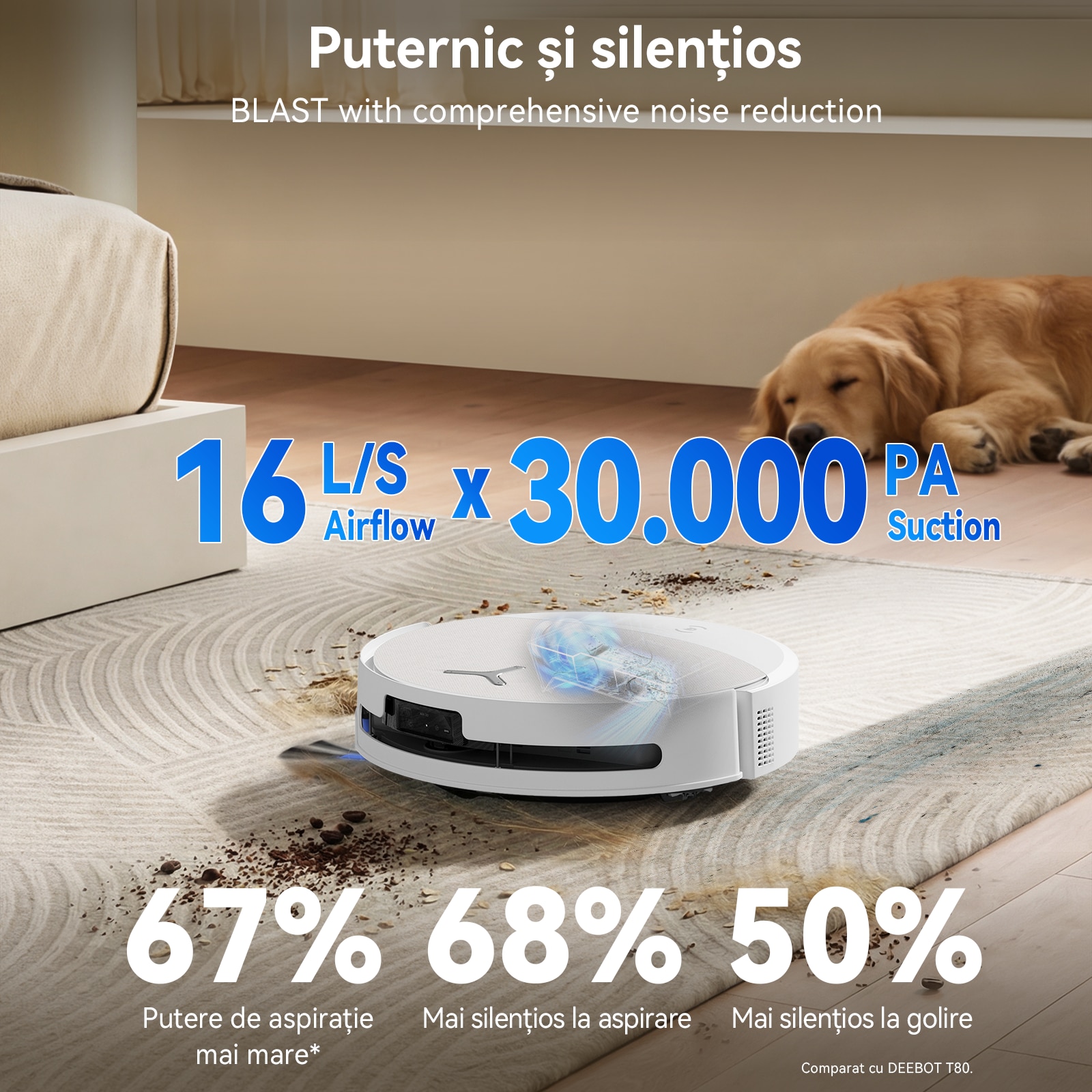 Aspirator Robot ECOVACS DEEBOT T90 OMNI, Statie All-in-one, 30000 Pa, 6400mAh, Autonomie 260 min, OZMO 3.0 Perie Autospalare+Uscare, Ridicare Mop Triple Lif, TruEdge 3.0, TruePass 4WD, apa calda 75°C, ZeroTangle 4.0, YIKO, Negru