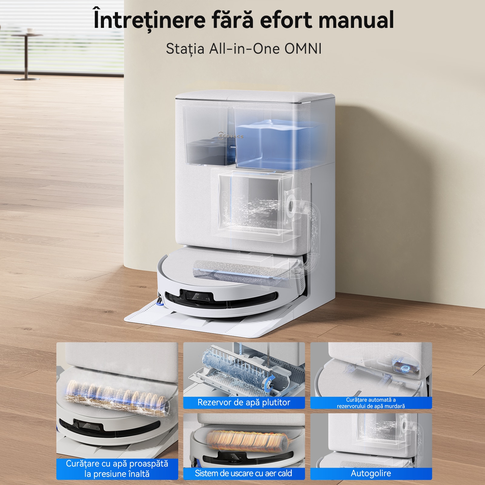 Aspirator Robot ECOVACS DEEBOT T90 OMNI, Statie All-in-one, 30000 Pa, 6400mAh, Autonomie 260 min, OZMO 3.0 Perie Autospalare+Uscare, Ridicare Mop Triple Lif, TruEdge 3.0, TruePass 4WD, apa calda 75°C, ZeroTangle 4.0, YIKO, Negru