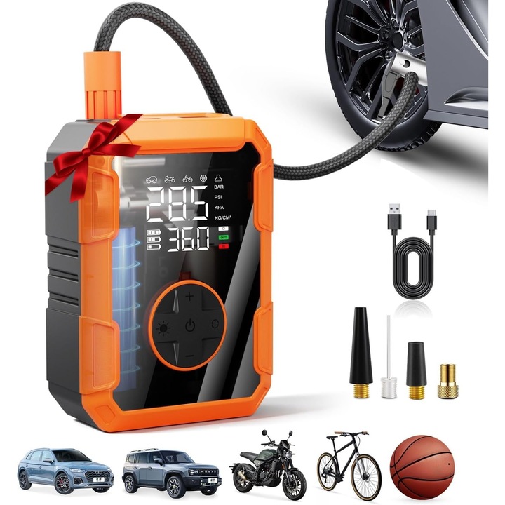 Compresor Anvelope Portabil, 150PSI cu Manometru, Lanterna LED, Reincarcabil USB, Oprire automata, Umflare Rapida Pneuri Masina, Moto, Bicicleta, Accesorii Incluse, Negru Portocaliu