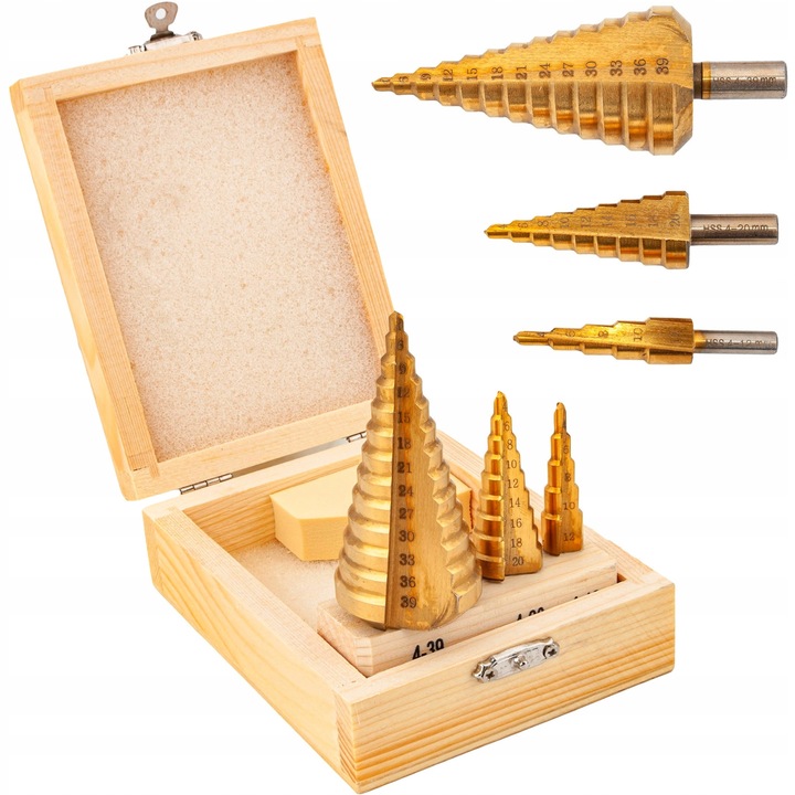 Set 3 Burghie, Falon-Tech, HSS Tytan 4-39 mm, numerotare laser, cutie din lemn