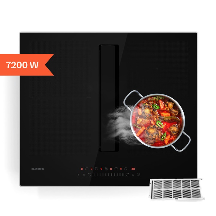 Klarstein Chef-Fusion Prime 2 az 1-ben indukciós főzőlap + páraelszívó, 7200 W teljesítmény, kompakt design, rozsdamentes acél, 60x30x52cm