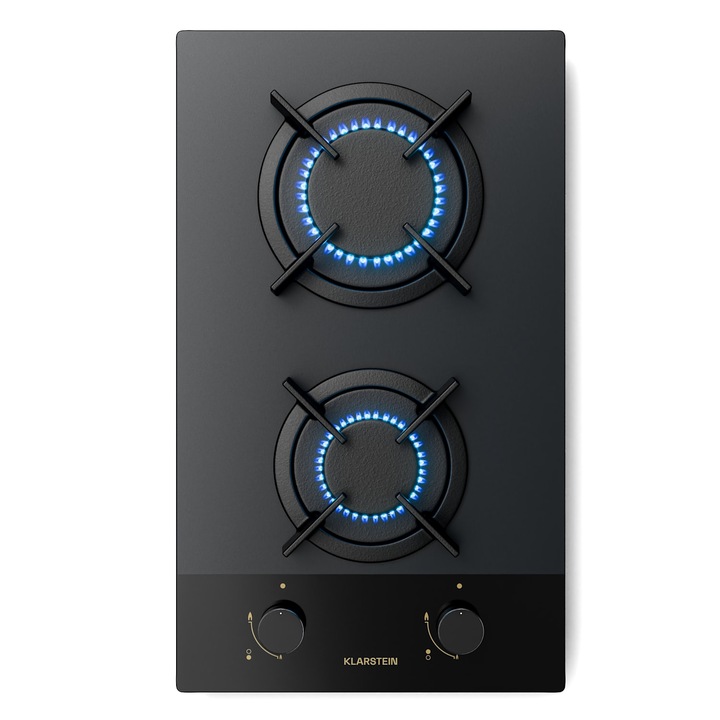 Plita pe gaz Klarstein Goldflame Nano, 2 arzatoare din alama, sticla calita, 30 cm
