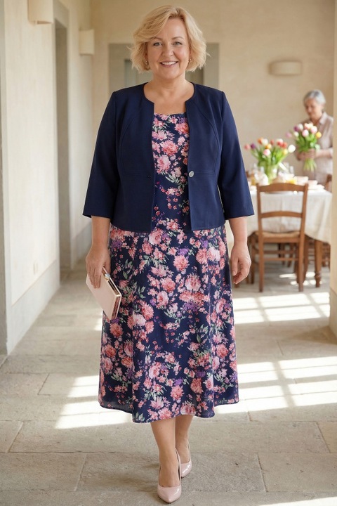 Rochie bleumarin cu flori mov si roz