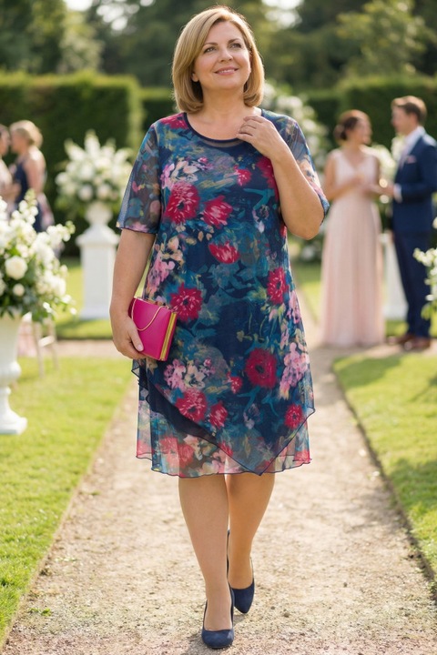 Rochie albastra cu flori mov si roz