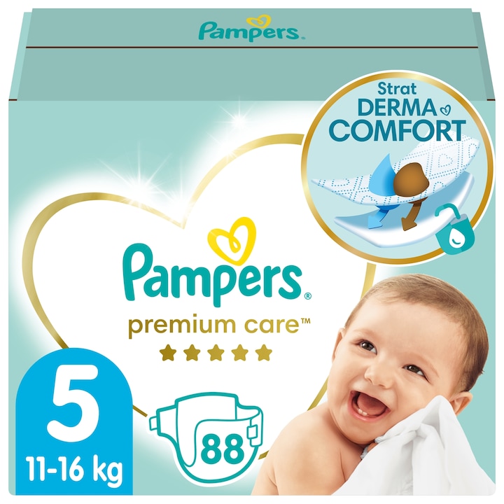 Пелени Pampers Premium Care 5 Junior, 88 бр., 11-16 кг, тройна система за защита, въздушни каналчета