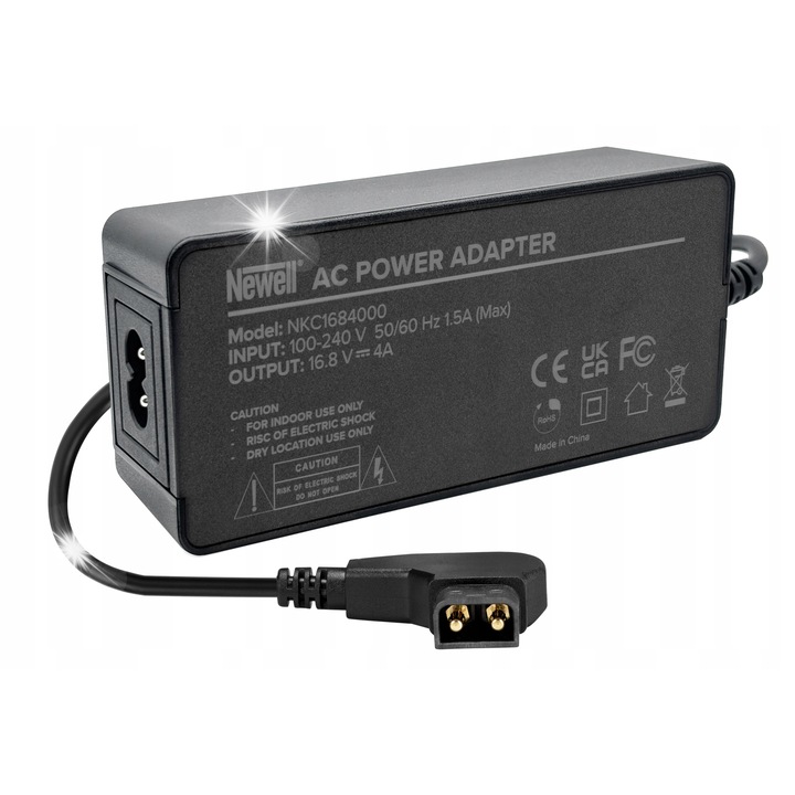 Incarcator Newell D-Tap 16,8 V 4 A pentru acumulatori V-mount, cablu 2m, negru, dimensiuni 55x120x32mm