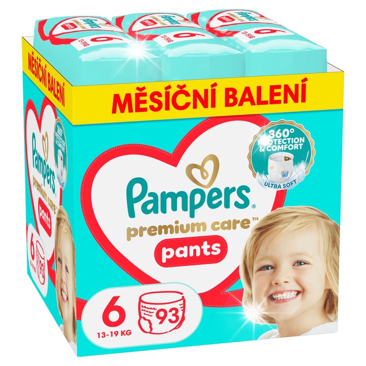 Pampers Scutece Premium Care Pantaloni 6, 93 bucati, pentru copii 15+ kg, roz