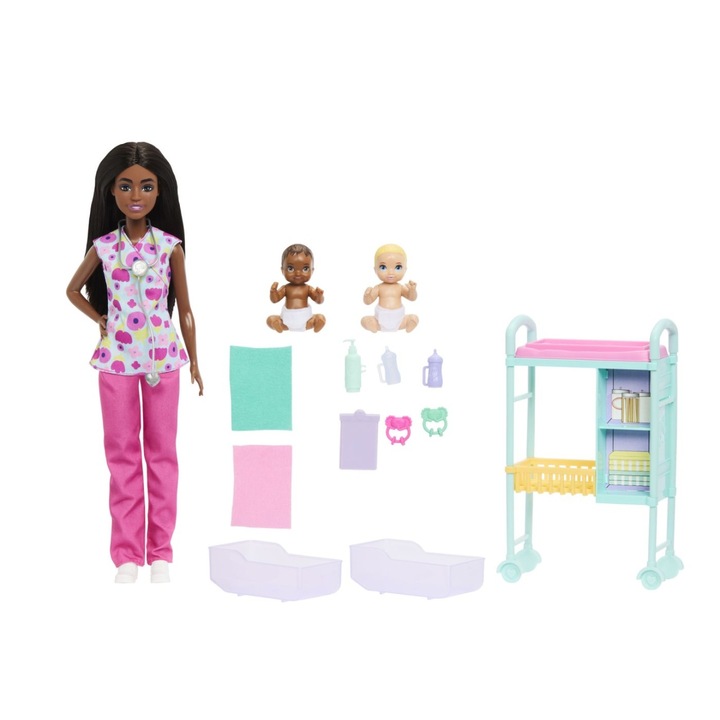 Papusa Barbie Bruneta Set de Joaca Medic Pediatru, multicolor, 32.5x19x6.5cm