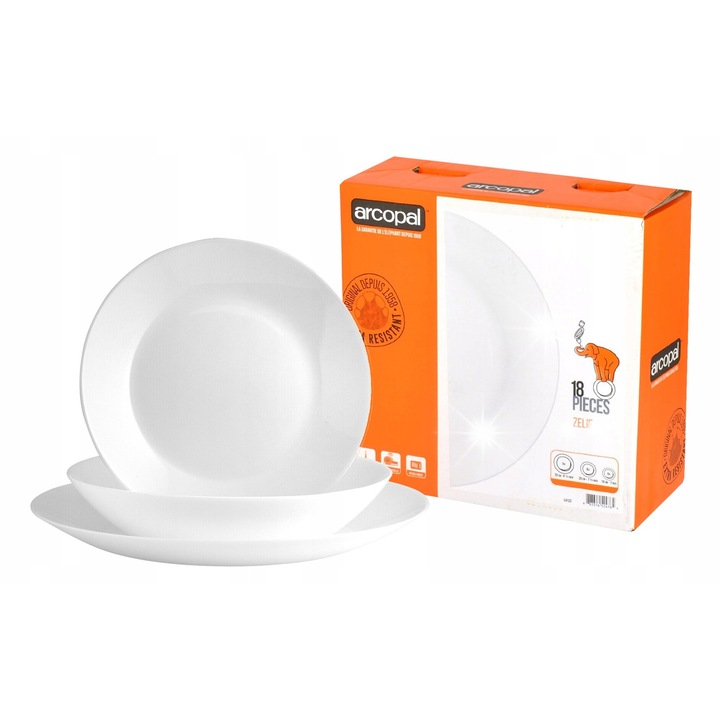 Set serviciu de masa 18 elemente, Arcopal, ZELIE, 6 persoane, alb, sticla hartonata