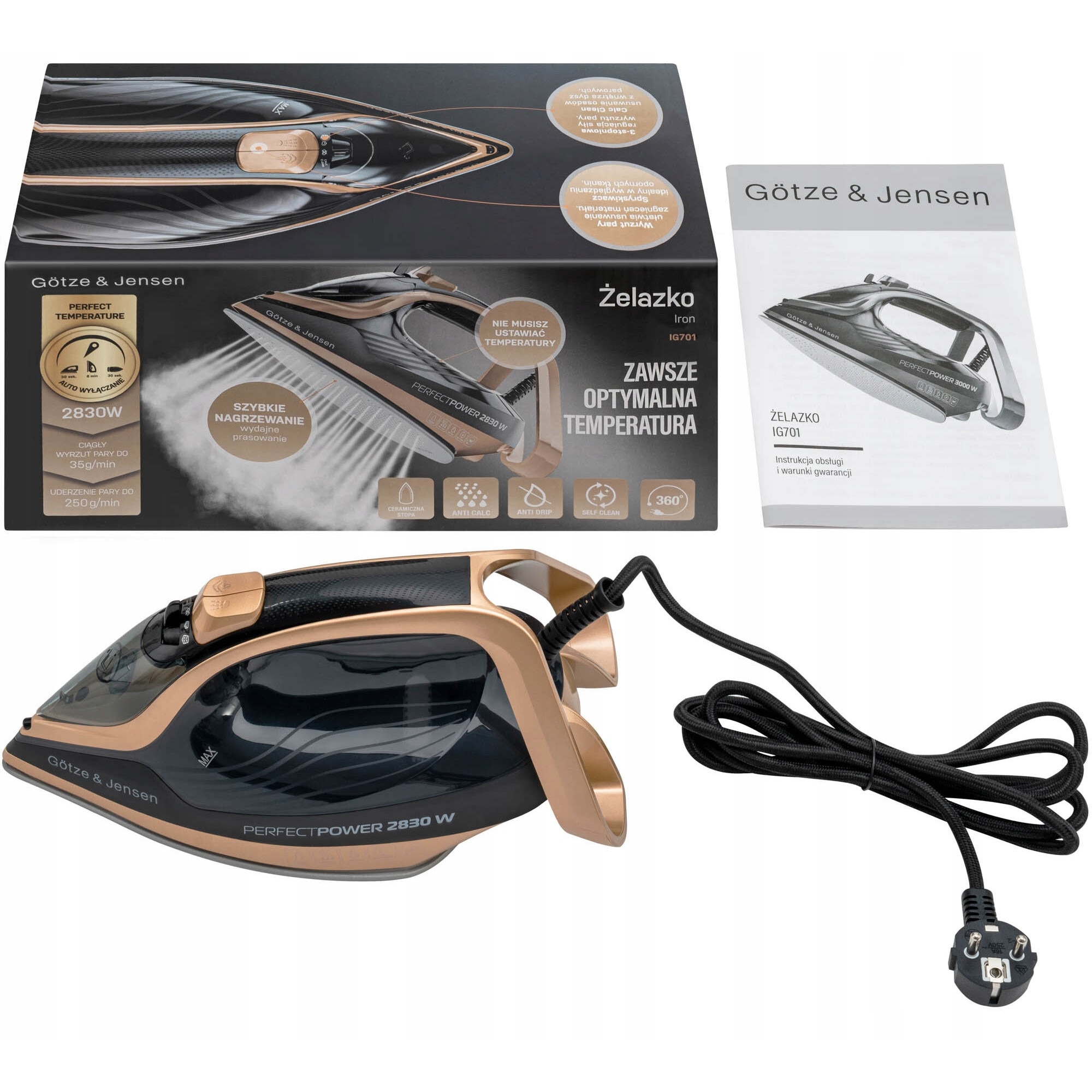 Fier de calcat cu abur GOTZE & JENSEN IG701, 2800W, ceramica, 240ml, negru-auriu