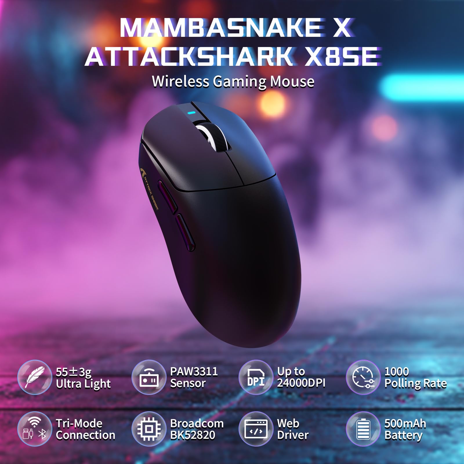 Mouse de gaming wireless ATTACK SHARK X8SE, 25K DPI, senzor PAW3311 ...