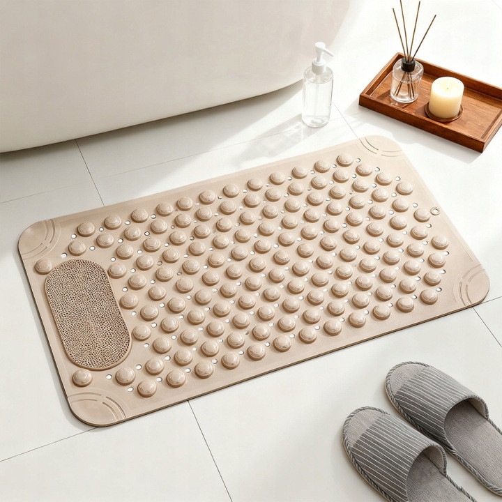Anti alunecare mat cada / dus covor de baie 70x37cm maro, cupa de aspiratie fixa si design de drenaj eficient, potrivit pentru cada, dus si orice suprafata neteda