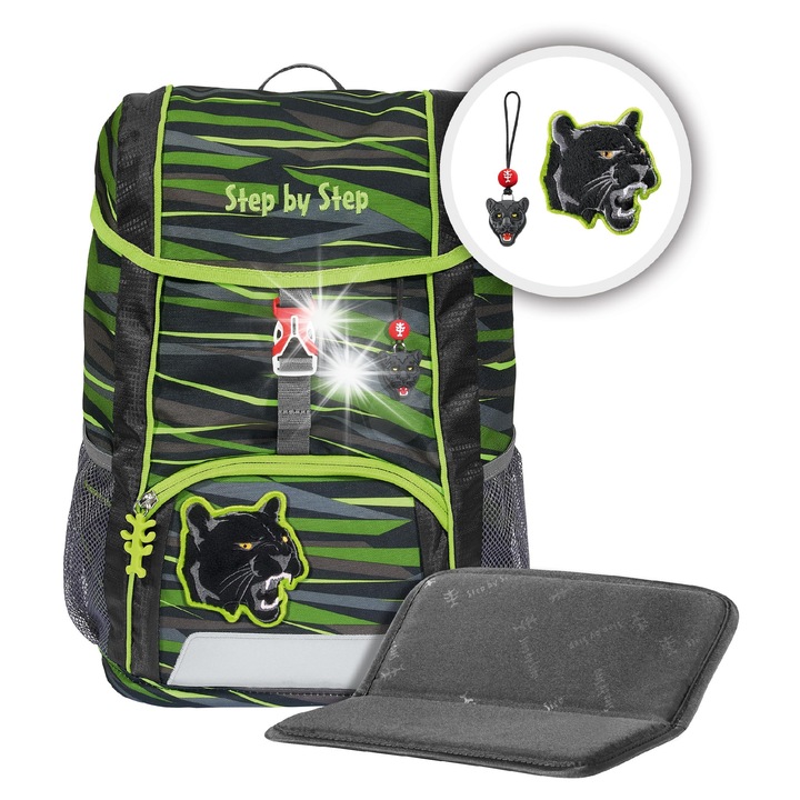 Step by Step Wild Cat Chiko iskolatáska, zöld/fekete, 35x26x17cm, 13L, 1-4. osztályos gyermekeknek