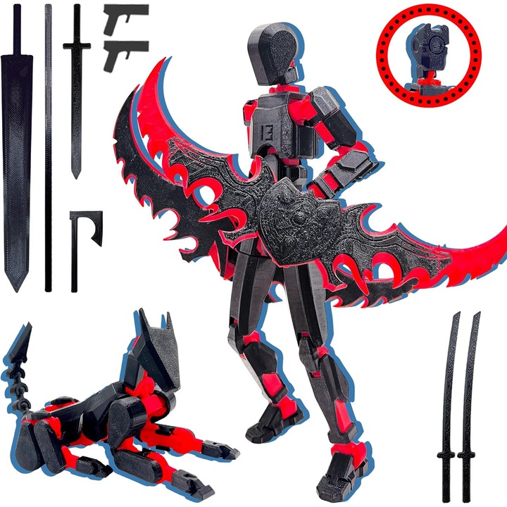 Kit model 3D T13, robot Titan 13, figurina DIY, schema de culori negru/rosu, preasamblat, cu articulatii multiple