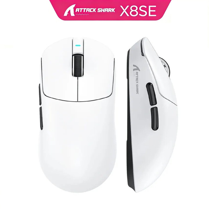 Mouse de gaming wireless ATTACK SHARK X8SE, 25K DPI, senzor PAW3311, design ergonomic 55g, 3 moduri conectivitate, 5 butoane programabile, compatibil PC/Mac, Alb