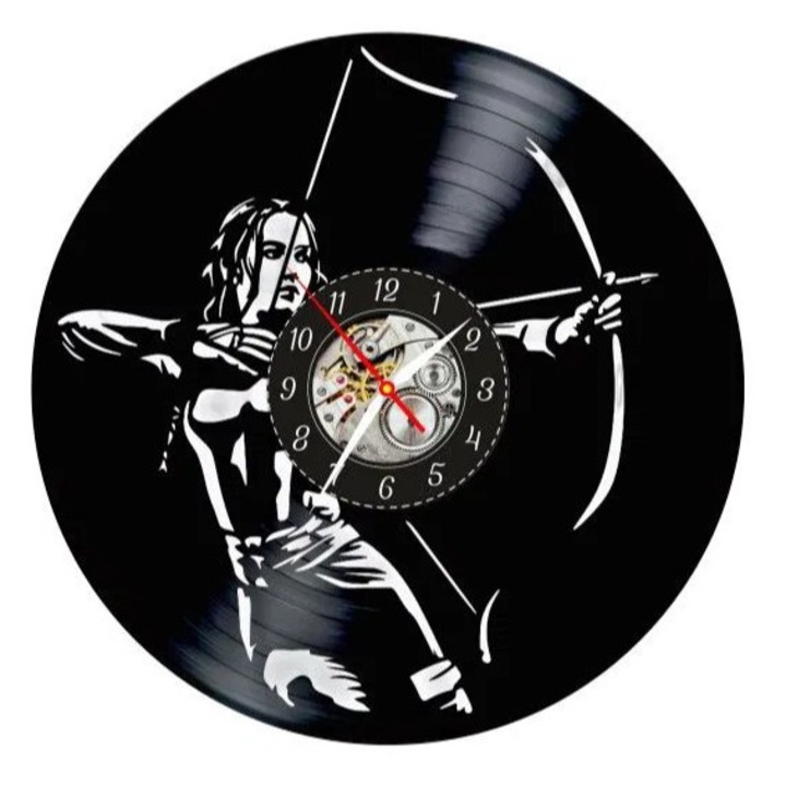 Dekoratív falióra "Archery Passion", bakelit lemezből (Vinyl Record) készült, Kézműves, Íjász Design