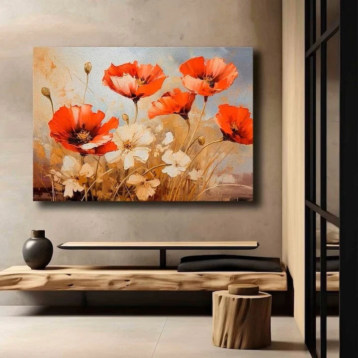 Tablou canvas Re-Bloom, model floral, lemn masiv/panza, bej/rosu, 70 x 100 cm