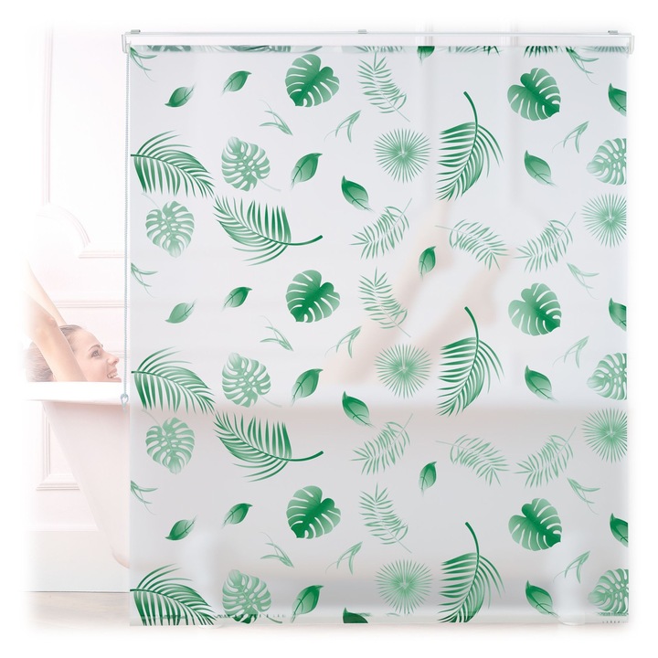 Cortina tip rulou pentru dus Relaxdays, 120 x 240 cm, din plastic/PVC, latime material 116 cm, design cu frunze, Alb/Verde