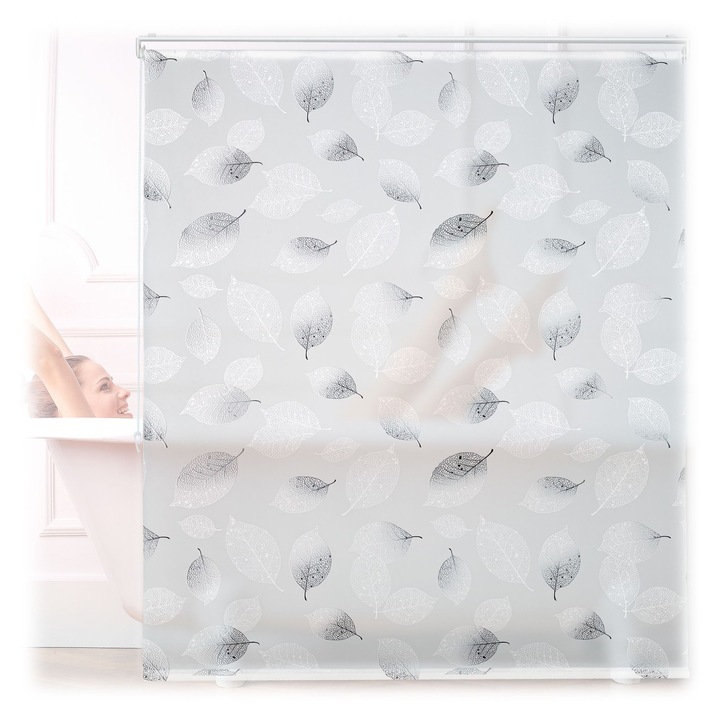 Cortina tip rulou pentru dus Relaxdays, 140 x 240 cm, din plastic/PVC, latime material 136 cm, design modern cu frunze, Gri