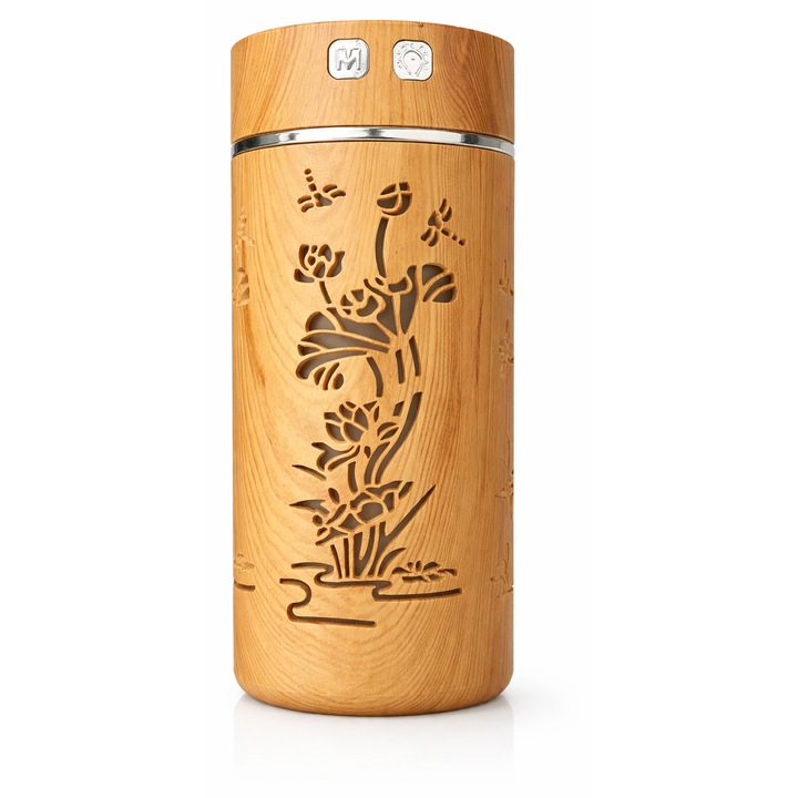 Umidificator de Aer cu Aromaterapie, Design Bambus, Plastic, LED Ambiental, Ultrasunete