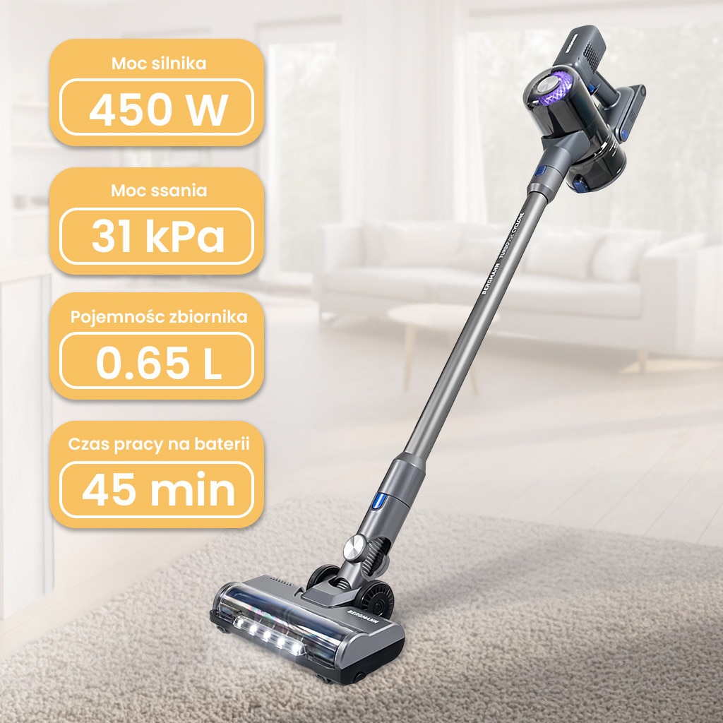 Aspirator vertical BERGMANN HAX 125, 450 W, 31 kPa, filtr HEPA, 3 niveluri de putere, 650 ml, 45 min autonomie
