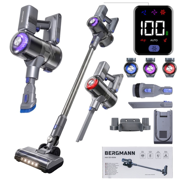 Aspirator vertical fara fir 450 W, 31 kPa, perie LED | BERGMANN HAX 125