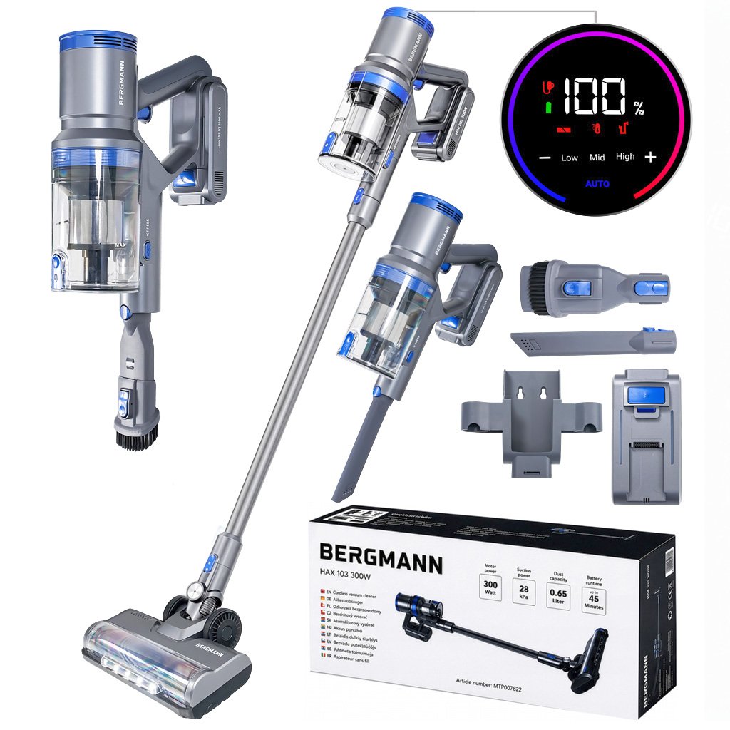 Aspirator vertical fără fir, BERGMANN, HAX 103, 300 W, filtr HEPA, acumulator 2500 mAh, 650 ml