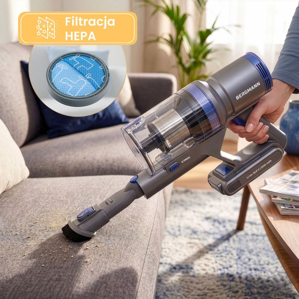 Aspirator vertical fără fir, BERGMANN, HAX 103, 300 W, filtr HEPA, acumulator 2500 mAh, 650 ml