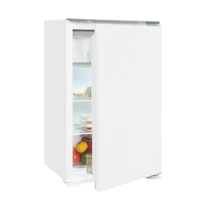 Mini frigider incorporabil Exquisit, ideal pentru rulote/pensiuni/camere de hotel, capacitate 118 litri, H 88, compatiment pentru fructe/legume, panou de control mecanic, zgomot redus, picioare ajustabile, compact, design modern, alb