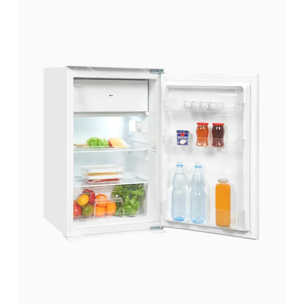 Mini frigider incorporabil Exquisit, ideal pentru rulote/pensiuni/camere de hotel, capacitate 118 litri, H 88, compatiment pentru fructe/legume, panou de control mecanic, zgomot redus, picioare ajustabile, compact, design modern, alb