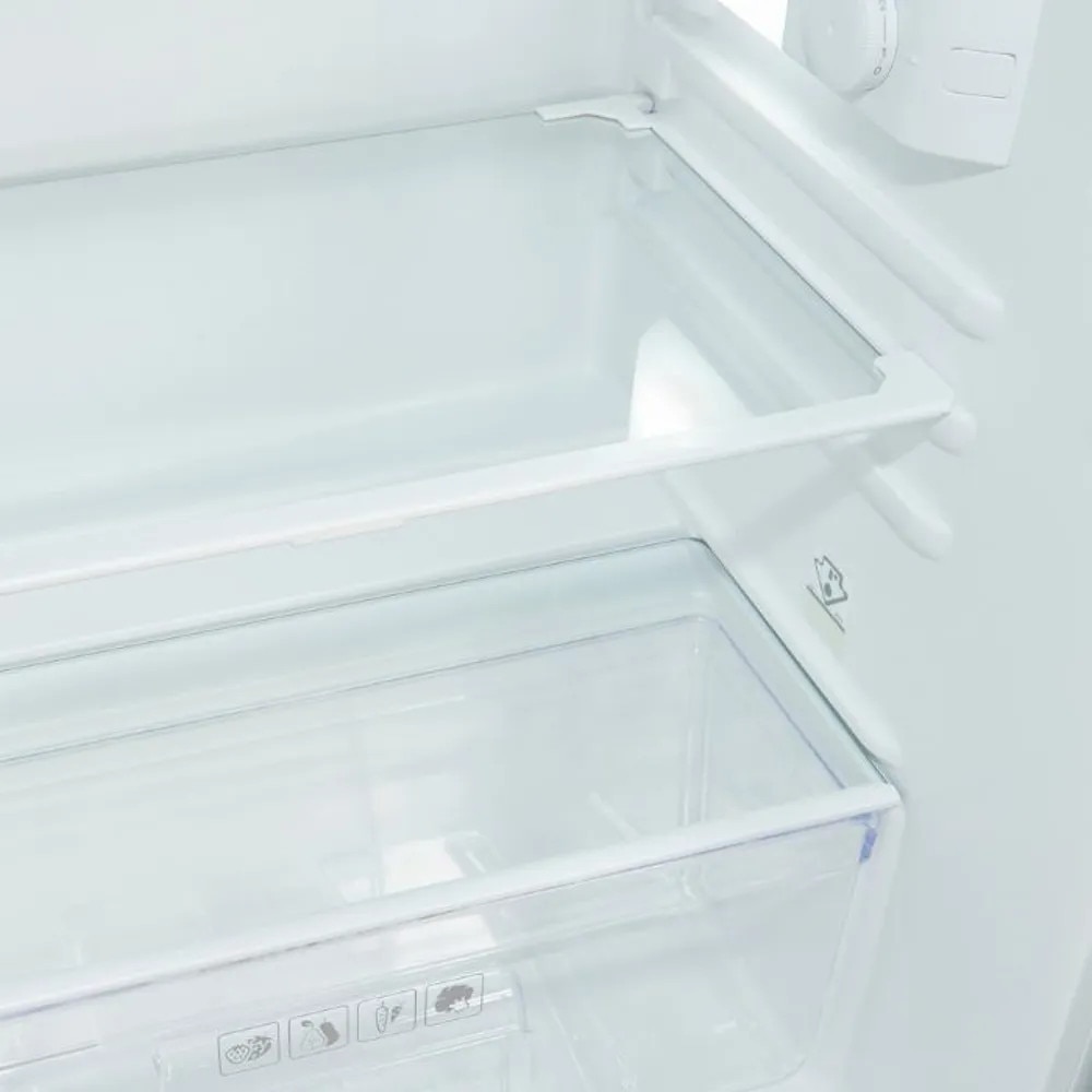 Mini frigider incorporabil Exquisit, ideal pentru rulote/pensiuni/camere de hotel, capacitate 118 litri, H 88, compatiment pentru fructe/legume, panou de control mecanic, zgomot redus, picioare ajustabile, compact, design modern, alb