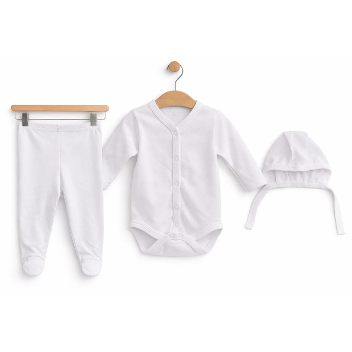 Set 3 Piese Nou Nascuti Alb - Bluzita, Pantaloni, Caciulita 56 cm
