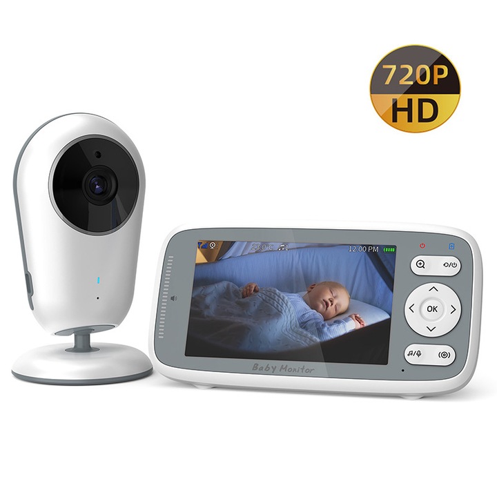 Monitor wireless pentru bebelusi, Aiorber, conexiune privata, viziune nocturna HD, rotatie 360°, comunicare bidirectionala, cantece de leagan, monitorizare a temperaturii，alb