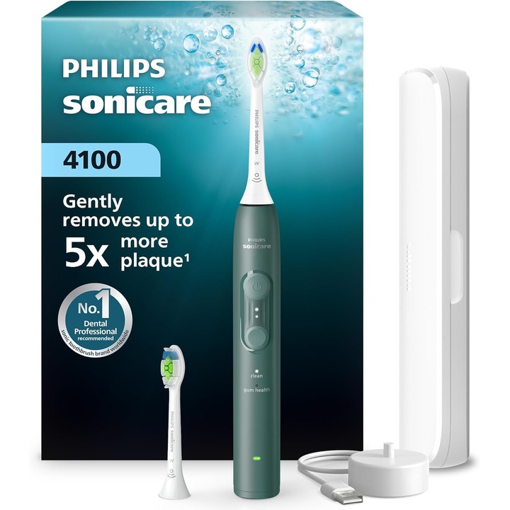 Periuta de dinti electrica Philips Sonicare Seria 4000, 2 capete incluse, Senzor de presiune, 4 setari de curatare, Easy Start, Smart Timer, carcasa transport, Verde