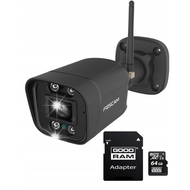 Камера за наблюдение Foscam V5P, 5MP, двубандов Wi-Fi, устойчива на атмосферни влияния, черна, 170x66x66mm, комплект с 64GB карта