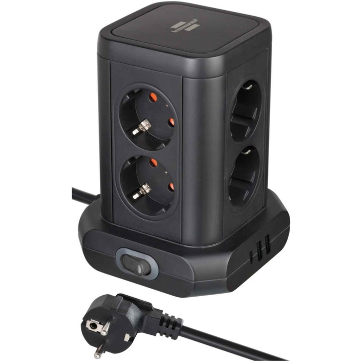 Prelungitor tip turn Brennenstuhl, 8 x prize, 2 x USB A, 1 x USB-C, 2 m lungime cablu, pozitionare prize 45°